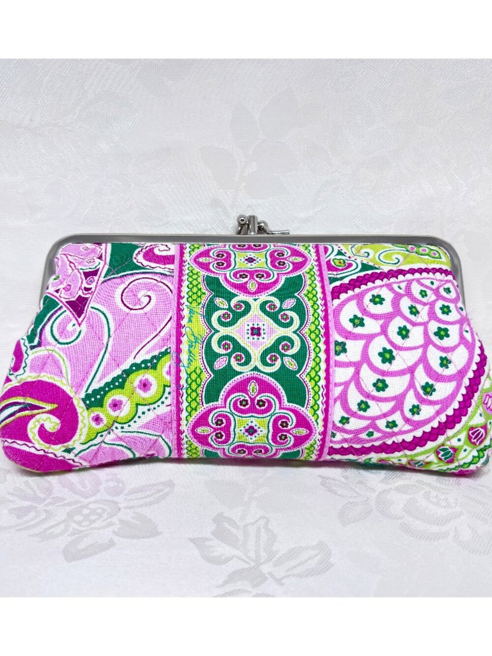 Vera Bradley Double Kiss Lock Clutch Wallet Pink Green Lime Quilted Paisley